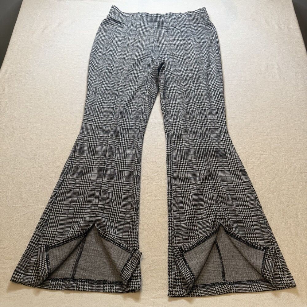 CATO Black White Plaid Stretchy Dress Pants Women’s Size L With Flare Cut Slit